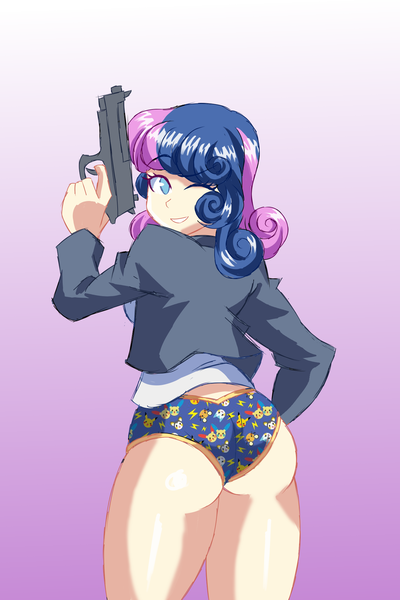 Size: 1333x2000 | Tagged: suggestive, artist:imsomethingradical, derpibooru import, bon bon, sweetie drops, human, minun, pikachu, plusle, agent, clothes, gun, handgun, humanized, image, looking at you, looking back, looking back at you, one eye closed, panties, pistol, png, pokémon, secret agent sweetie drops, underwear, weapon, wink, winking at you