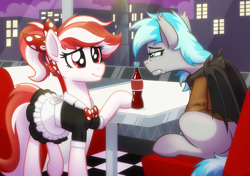 Size: 2560x1800 | Tagged: safe, artist:rand-dums, artist:whitequartztheartist, derpibooru import, oc, oc:cherry pop, unofficial characters only, bat pony, earth pony, pony, 50s, bat pony oc, bat wings, coca-cola, diner, drink, duo, earth pony oc, female, image, png, sad, smiling, soda, waitress, wings