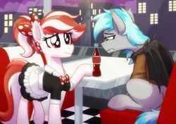 Size: 2560x1800 | Tagged: safe, artist:rand-dums, artist:whitequartztheartist, derpibooru import, oc, oc:cherry pop, unofficial characters only, bat pony, earth pony, pony, 50s, bat pony oc, bat wings, coca-cola, diner, drink, duo, earth pony oc, female, image, png, sad, smiling, soda, waitress, wings