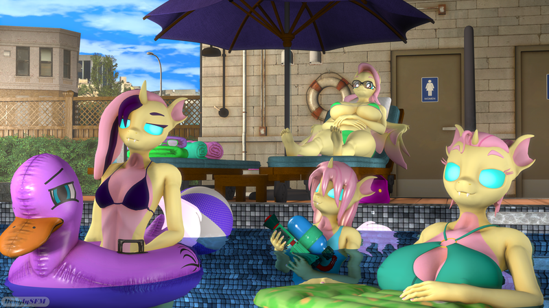 Size: 3840x2160 | Tagged: suggestive, artist:dongly12, derpibooru import, fluttershy, oc, anthro, changeling, changepony, hybrid, plantigrade anthro, art pack:summer booty, 3d, anthro oc, barefoot, big breasts, breasts, busty fluttershy, busty oc, clothes, cute, cute little fangs, fangs, feet, female, fluttermom, high res, image, interspecies offspring, mother and child, mother and daughter, offspring, older, older fluttershy, png, pool toy, revamped anthros, source filmmaker, swimming pool, swimsuit, watergun, yellow changeling