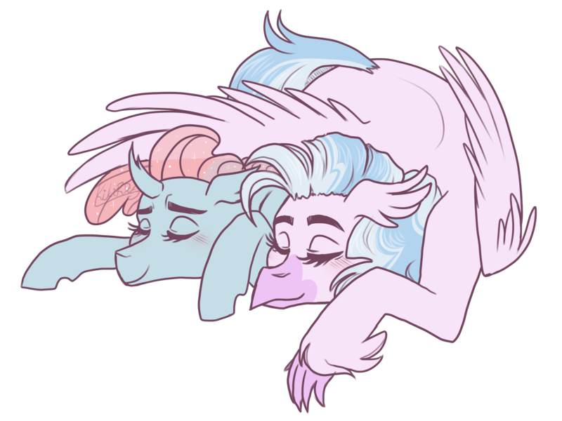 Size: 2400x1800 | Tagged: safe, artist:kikirdcz, derpibooru import, ocellus, silverstream, changedling, changeling, hippogriff, commission, eyes closed, female, hug, image, lesbian, ocellustream, png, shipping, simple background, sleeping, transparent background