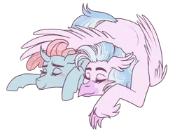 Size: 2400x1800 | Tagged: safe, artist:kikirdcz, derpibooru import, ocellus, silverstream, changedling, changeling, hippogriff, commission, eyes closed, female, hug, image, lesbian, ocellustream, png, shipping, simple background, sleeping, transparent background