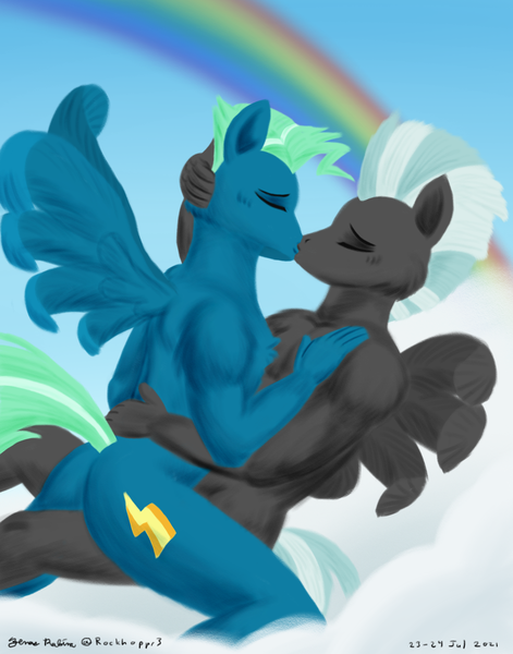 Size: 1100x1400 | Tagged: questionable, artist:rockhoppr3, derpibooru import, sky stinger, thunderlane, anthro, pegasus, cloud, embrace, gay, image, kissing, making out, male, nudity, png, rainbow, shipping, spread wings, stingerlane, wingboner, wings