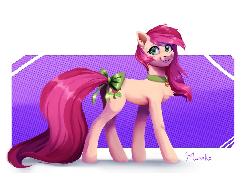 Size: 2560x1804 | Tagged: safe, artist:pilushka, derpibooru import, roseluck, earth pony, pony, abstract background, bow, chest fluff, collar, commission, commissioner:doom9454, cute, female, fluffy, image, jpeg, long tail, looking at you, mare, open mouth, pet tag, pony pet, rosepet, smiling, smiling at you, solo, tail bow