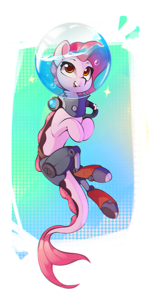 Size: 959x1947 | Tagged: safe, artist:rexyseven, derpibooru import, oc, oc:koraru koi, unofficial characters only, merpony, amputee, augmented, female, helmet, image, png, prosthetic leg, prosthetic limb, prosthetics, smiling, solo, water