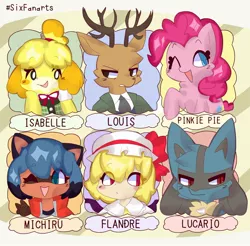 Size: 2048x2015 | Tagged: safe, artist:lumivillle, derpibooru import, pinkie pie, anthro, deer, dog, earth pony, lucario, pony, raccoon, six fanarts, :d, animal crossing, anthro with ponies, antlers, beastars, bna: brand new animal, clothes, crossover, female, furry, hat, image, isabelle, jpeg, louis (beastars), male, mare, michiru kagemori, one eye closed, open mouth, pokémon, raised hoof, smiling, wink