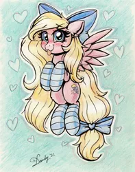 Size: 2568x3256 | Tagged: safe, artist:dandy, derpibooru import, oc, oc:bay breeze, unofficial characters only, pegasus, pony, blushing, bow, clothes, colored pencil drawing, cute, female, flying, high res, image, png, signature, simple background, socks, solo, striped socks, tongue out, traditional art, wingding eyes, wings