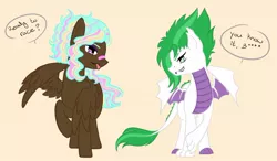 Size: 1280x745 | Tagged: safe, artist:ocean-drop, derpibooru import, oc, oc:gem stone, oc:trap queen, unofficial characters only, dracony, hybrid, pegasus, pony, duo, female, image, interspecies offspring, jpeg, mare, offspring, parent:rainbow dash, parent:rarity, parent:spike, parent:thunderlane, parents:sparity, parents:thunderdash, simple background, tongue out, yellow background