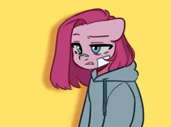 Size: 1024x759 | Tagged: safe, artist:cottonsweets, derpibooru import, pinkie pie, earth pony, pony, bandaid, clenched teeth, clothes, female, hoodie, image, jpeg, mare, pinkamena diane pie, sharp teeth, solo, teeth