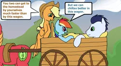 Size: 1486x812 | Tagged: safe, artist:soks777, derpibooru import, applejack, big macintosh, rainbow dash, soarin', earth pony, pegasus, pony, cart, dialogue, female, image, male, png, shipping, soarindash, speech bubble, straight