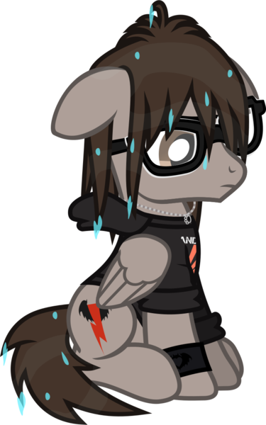Size: 727x1163 | Tagged: safe, artist:lightningbolt, derpibooru import, ponified, pegasus, pony, clandestine industries, clothes, derpibooru exclusive, floppy ears, folded wings, frown, glasses, hoodie, image, jewelry, male, mikey way, my chemical romance, necklace, png, sad, shirt, simple background, sitting, solo, stallion, .svg available, transparent background, t-shirt, vector, wet, wet mane, wings, wristband