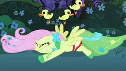 Size: 1280x720 | Tagged: suggestive, artist:excelso36, derpibooru import, edit, edited screencap, screencap, fluttershy, bird, duck, pony, the best night ever, briefs, clothes, dress, faceplant, gala dress, image, jpeg, pissing, underwear, urine, wardrobe malfunction, wetting