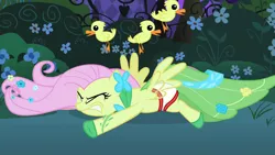 Size: 1280x720 | Tagged: suggestive, artist:excelso36, derpibooru import, edit, edited screencap, screencap, fluttershy, bird, duck, pony, the best night ever, briefs, clothes, dress, duckling, faceplant, gala dress, gritted teeth, image, jpeg, underwear, wardrobe malfunction