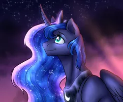 Size: 2000x1667 | Tagged: safe, artist:not-ordinary-pony, derpibooru import, princess luna, alicorn, pony, crown, derpibooru exclusive, ethereal mane, female, image, jewelry, mare, night, png, regalia, smiling, solo, starry mane