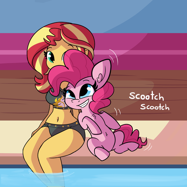 Size: 3000x3000 | Tagged: suggestive, artist:tjpones, derpibooru import, pinkie pie, sunset shimmer, earth pony, pony, equestria girls, belly button, bikini, breasts, busty sunset shimmer, chest fluff, clothes, explicit source, female, grin, high res, image, interspecies, lesbian, mare, nuzzling, pinkie loves bacon bits, png, shipping, smiling, sunsetpie, swimming pool, swimsuit