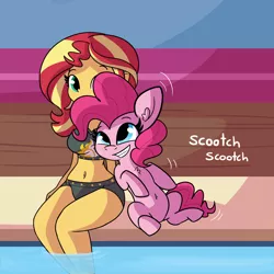 Size: 3000x3000 | Tagged: suggestive, artist:tjpones, derpibooru import, pinkie pie, sunset shimmer, earth pony, pony, equestria girls, belly button, bikini, breasts, busty sunset shimmer, chest fluff, clothes, explicit source, female, grin, high res, image, interspecies, lesbian, mare, nuzzling, pinkie loves bacon bits, png, shipping, smiling, sunsetpie, swimming pool, swimsuit