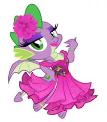 Size: 1280x1462 | Tagged: safe, artist:mylittlepastafarian, derpibooru import, spike, dragon, clothes, commission, crossdressing, drag queen, dress, emerald flame (drag name), eyeshadow, fake eyelashes, femboy spike, flower, flower in hair, image, jewelry, jpeg, lipstick, makeup, male, ring, simple background, solo
