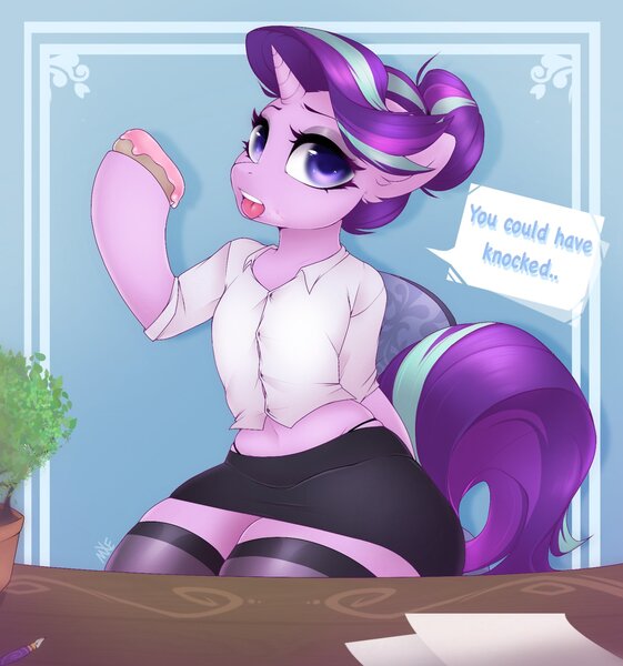 Size: 1692x1809 | Tagged: safe, artist:darkmaxxie, derpibooru import, starlight glimmer, semi-anthro, unicorn, belly button, clothes, desk, dialogue, donut, dress shirt, food, image, jpeg, midriff, panties, paper, skirt, socks, stockings, thigh highs, thong, underwear