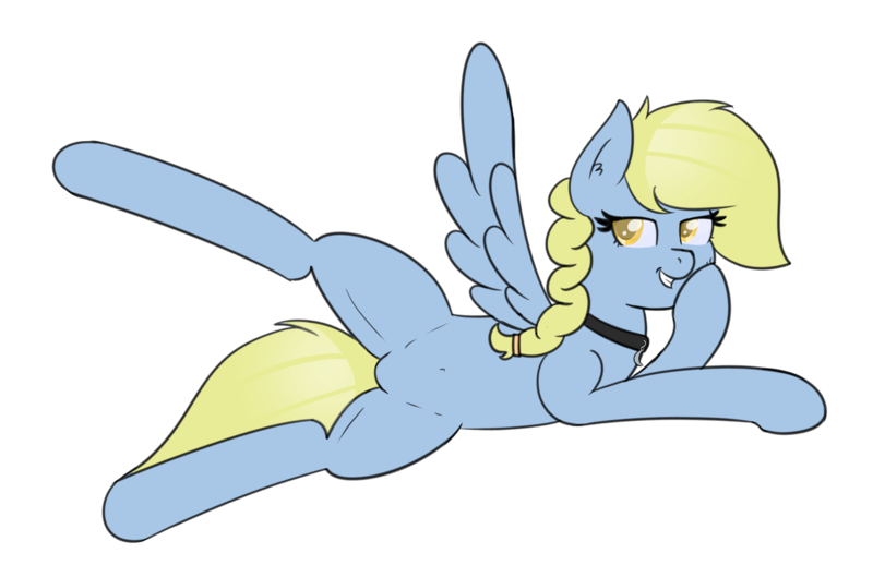 Size: 2582x1673 | Tagged: suggestive, artist:eyeburn, derpibooru import, oc, oc:windswept skies, unofficial characters only, pegasus, pony, belly button, braid, charm, collar, draw me like one of your french girls, featureless crotch, female, image, lidded eyes, looking at you, mare, png, rule 63, side, simple background, smiling, smirk, solo, spread wings, transparent background, wings