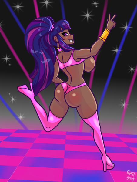 Size: 678x900 | Tagged: suggestive, artist:smutstrut, derpibooru import, twilight sparkle, human, ass, big breasts, bimbo, bimbo sparkle, blushing, boots, bracelet, breasts, busty twilight sparkle, butt, clothes, collar, dark skin, female, grin, high heel boots, high heels, huge breasts, humanized, image, jewelry, large butt, panties, peace sign, pigtails, platform boots, png, sexy, shoes, smiling, socks, solo, solo female, thigh boots, thighs, thong, twerking, twibutt, twigtails, twintails, underwear