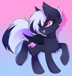 Size: 1441x1530 | Tagged: safe, artist:darkmaxxie, derpibooru import, oc, oc:maxie, bat pony, pony, chest fluff, choker, ear fluff, gradient background, happy, image, jpeg, looking back, raised leg, standing