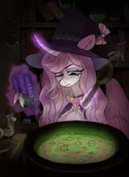 Size: 2783x3823 | Tagged: safe, artist:bloodymrr, derpibooru import, oc, earth pony, pony, background, clothes, commission, cooking, hat, image, lavender, magic, png, solo, witch, witch costume, witch hat, witchcraft