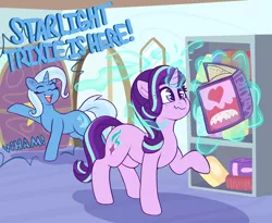 Size: 4250x3486 | Tagged: safe, artist:graphenescloset, derpibooru import, starlight glimmer, trixie, series:starlight and trixie magic gain drive, book, duo, image, imminent weight gain, incentive drive, inconvenient trixie, magic, png, this will end in weight gain