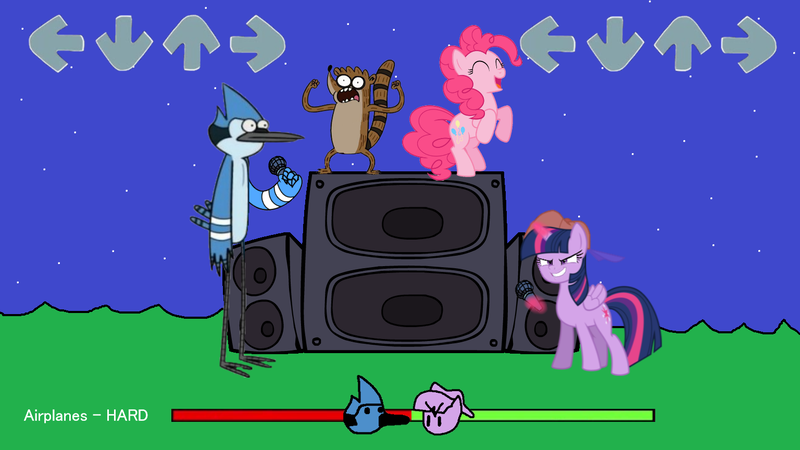 Size: 1536x864 | Tagged: safe, artist:logan jones, derpibooru import, pinkie pie, twilight sparkle, twilight sparkle (alicorn), alicorn, arrow, backwards ballcap, baseball cap, cap, crossover, crossover shipping, female, friday night funkin', hat, image, male, meme, microphone, mordecai, mordetwi, png, redraw mordetwi meme, regular show, rigby, shipping, speakers, straight, vector used