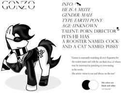 Size: 1018x785 | Tagged: safe, artist:thedansingpig, derpibooru import, oc, unofficial characters only, earth pony, pony, clothes, ear piercing, image, jpeg, male, piercing, raised hoof, reference sheet, scarf, solo, stallion, story included, sunglasses
