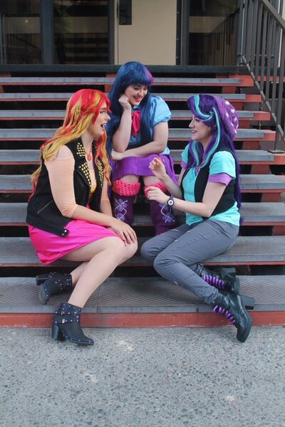 Size: 453x680 | Tagged: safe, artist:maddymoiselle, artist:sarahndipity cosplay, artist:shelbeanie, derpibooru import, starlight glimmer, sunset shimmer, twilight sparkle, human, equestria girls, clothes, cosplay, costume, everfree northwest, everfree northwest 2019, image, irl, irl human, jpeg, photo, stairs