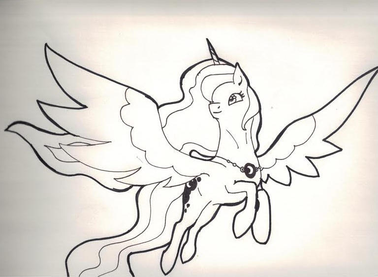 Size: 768x563 | Tagged: safe, artist:joan-grace, derpibooru import, princess luna, alicorn, pony, female, flying, horn, image, inktober, inktober 2015, jewelry, jpeg, mare, necklace, solo, spread wings, traditional art, wings