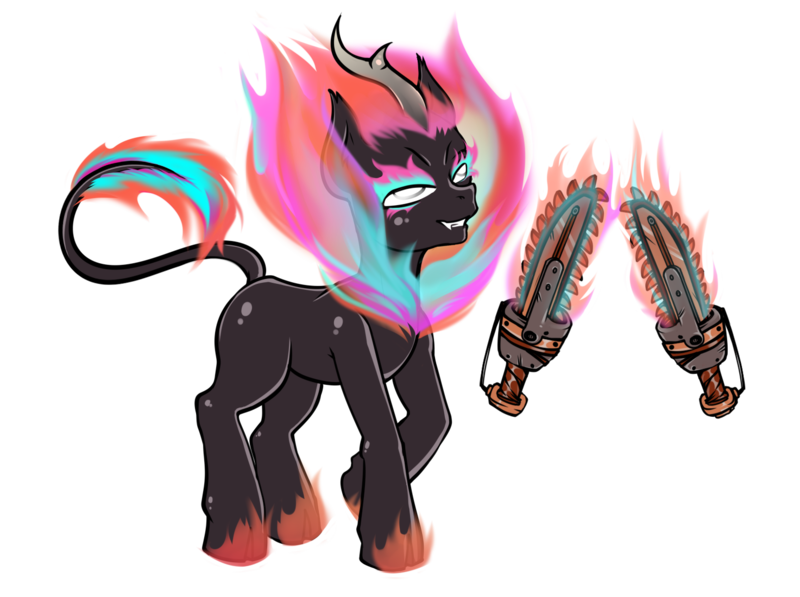 Size: 1473x1100 | Tagged: safe, artist:leastways, derpibooru import, oc, oc:bloody butchress, unofficial characters only, kirin, nirik, fallout equestria, commission, fanfic art, fire, horn, image, looking up, nirik oc, oc villian, png, ripper (weapon), simple background, sketch, solo, transparent background