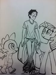 Size: 1936x2592 | Tagged: safe, artist:ceehoff, derpibooru import, spike, twilight sparkle, oc, dragon, human, pony, unicorn, clothes, female, human oc, image, jpeg, lineart, male, mare, pants, shoes, smiling, traditional art, unicorn twilight