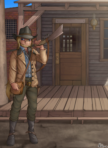 Size: 2199x3000 | Tagged: safe, artist:neko-me, derpibooru import, ponified, anthro, earth pony, pony, anthrofied, arthur morgan, building, commission, detailed background, hat, image, looking at you, png, red dead redemption 2, solo, weapon