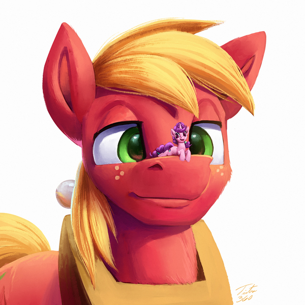 Size: 1500x1500 | Tagged: safe, artist:tsitra360, derpibooru import, big macintosh, sugar belle, earth pony, pony, unicorn, cutie mark, duo, female, freckles, image, jpeg, male, micro, open mouth, simple background, size difference, smiling, white background