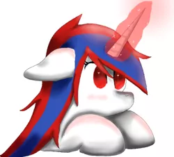 Size: 391x354 | Tagged: safe, derpibooru import, oc, oc:snowi, pony, unicorn, blue hair, female, glowing horn, head, horn, image, magic, magic aura, mare, png, red and blue, red eyes, red hair