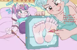 Size: 1335x880 | Tagged: suggestive, artist:caroo, derpibooru import, cozy glow, princess flurry heart, alicorn, anthro, pegasus, plantigrade anthro, alternate hairstyle, barefoot, bed, bedroom, blanket, blushing, bondage, bow, clothes, cozyheart, erotic tickling, feather, feet, female, femdom, femsub, fetish, foot fetish, foot focus, freckles, gritted teeth, hair bow, horn, horn ring, image, jeans, jewelry, lesbian, magic suppression, midriff, older, older cozy glow, older flurry heart, one eye closed, open mouth, pants, pillow, png, ring, rope, rope bondage, shipping, shirt, soles, submissive, tanktop, tickle fetish, tickle torture, tickling, t-shirt, wink