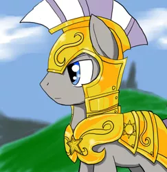 Size: 778x800 | Tagged: safe, artist:a.s.e, derpibooru import, earth pony, pony, alone, armor, blurry background, cloud, helmet, image, jpeg, male, outdoors, royal guard, sky, solo, stallion