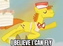 Size: 599x439 | Tagged: safe, derpibooru import, edit, edited screencap, screencap, carrot cake, pony, season 5, slice of life (episode), cropped, eyes closed, falling with style, i believe i can fly, image, jpeg, majestic as fuck, male, meme, r. kelly, song reference