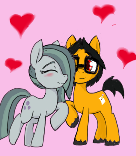 Size: 673x767 | Tagged: safe, artist:a.s.e, derpibooru import, marble pie, oc, oc:a.s.e, earth pony, pony, canon x oc, couple, female, glasses, happy, heart, image, love, male, png, shipping, together