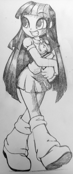 Size: 1938x4624 | Tagged: safe, artist:shadowhawx95, derpibooru import, twilight sparkle, equestria girls, book, image, jpeg, monochrome, sketch, smiling, solo, traditional art, walking