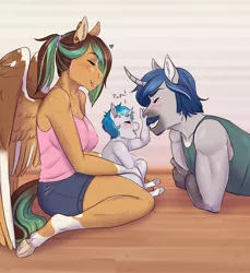Size: 2316x2524 | Tagged: safe, artist:askbubblelee, derpibooru import, oc, oc:bubble lee, oc:kiwi breeze, oc:silver lining, unofficial characters only, anthro, pegasus, pony, unguligrade anthro, unicorn, baby, baby pony, clothes, crying, dialogue, digital art, eyes closed, facial hair, family, female, foal, happy, horn, image, male, mare, moustache, pegasus oc, png, shorts, smiling, stallion, tears of joy, unicorn oc, wings