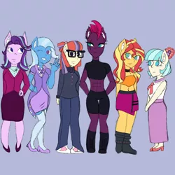 Size: 2048x2048 | Tagged: safe, artist:mintymelody, derpibooru import, coco pommel, fizzlepop berrytwist, moondancer, starlight glimmer, sunset shimmer, tempest shadow, trixie, anthro, plantigrade anthro, female, females only, image, png