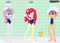 Size: 3508x2480 | Tagged: safe, artist:excelso36, derpibooru import, apple bloom, scootaloo, sweetie belle, equestria girls, barefoot, bath, bathing, bathing together, clothes, cutie mark crusaders, feet, female, image, jpeg, one-piece swimsuit, shampoo, shower, soap bubble, suds, sukumizu, swimsuit, wet hair