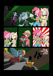 Size: 3541x5016 | Tagged: suggestive, artist:tinker-tock, derpibooru import, big macintosh, fluttershy, pinkie pie, rainbow dash, anthro, earth pony, pegasus, unguligrade anthro, comic:time for a sunset, absurd resolution, belly button, bodysuit, breasts, busty fluttershy, busty pinkie pie, busty rainbow dash, clock tower, clothes, cloud, comic, commission, covered wings, eyes closed, image, latex, latex suit, looking down, megaphone, midriff, mind control, minion, night, open mouth, open smile, partial nudity, png, ponyville, refugee, rubber drone, rubber suit, smiling, sunburst background, teary eyes, topless, torn clothes, tree, wavy mouth