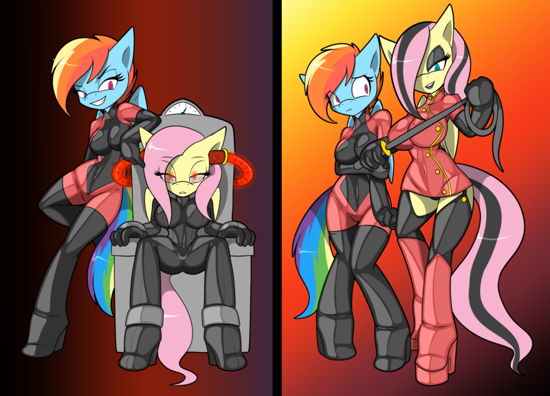 Size: 4806x3460 | Tagged: questionable, artist:tinker-tock, derpibooru import, fluttershy, rainbow dash, anthro, pegasus, unguligrade anthro, comic:time for a sunset, absurd resolution, belly button, black lipstick, bodysuit, bondage, boots, brainwashing, breasts, busty fluttershy, busty rainbow dash, chair, chinese dress, clothes, comic, commission, confident, dress, duo, duo female, ear plugs, evening gloves, eye clipping through hair, female, females only, fetish, flutterdom, gloves, gradient background, grin, hair dye, hair over one eye, high heel boots, high heels, image, latex, latex clothes, latex suit, lipstick, long gloves, mind control, personality change, platform boots, platform heels, png, rubber, rubber suit, shoes, smiling, smirk, socks, stockings, swirly eyes, thigh highs, two panels, vacant expression, whip, worried
