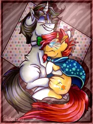 Size: 1273x1681 | Tagged: safe, artist:phantomlemon, derpibooru import, sunburst, oc, oc:coda, canon x oc, couple, cuddling, dork, grin, holding, image, jpeg, sleeping, smiling