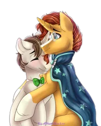 Size: 2000x2500 | Tagged: safe, artist:allisonbacker, derpibooru import, sunburst, oc, oc:coda, unicorn, blushing, canon x oc, couple, cuddling, hug, image, png