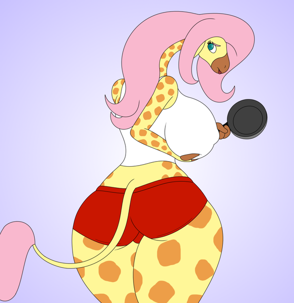 Size: 900x926 | Tagged: questionable, artist:foxtide888, derpibooru import, fluttershy, anthro, giraffe, ass, big breasts, bloomers, breast hold, breasts, busty fluttershy, butt, clothes, cute, erect nipples, female, flutterbutt, frying pan, giraffied, green eyes, hoof fingers, huge breasts, image, large butt, looking at you, looking back, looking back at you, nipple outline, png, shorts, solo, solo female, species swap, spots, tallershy, thighs, thunder thighs, wide hips