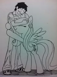 Size: 1936x2592 | Tagged: safe, artist:ceehoff, derpibooru import, fluttershy, oc, human, pegasus, pony, canon x oc, clothes, duo, eyes closed, female, hug, human oc, image, jpeg, lineart, male, mare, pants, shoes, signature, smiling, traditional art, wings